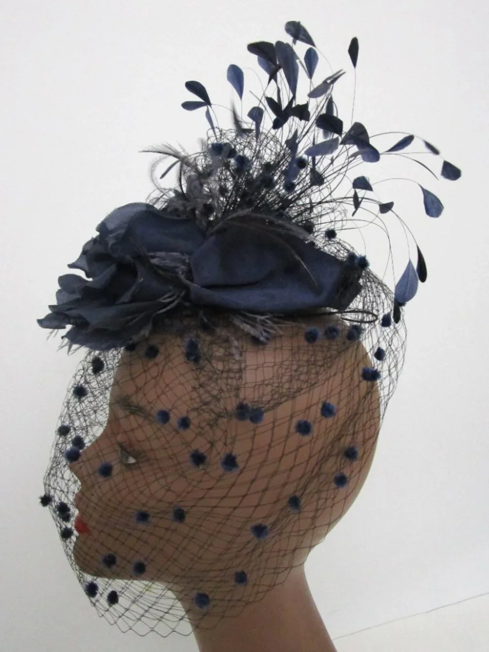 Flocked Veiled Cocktail Hat Silk Flower Feather Navy Wedding